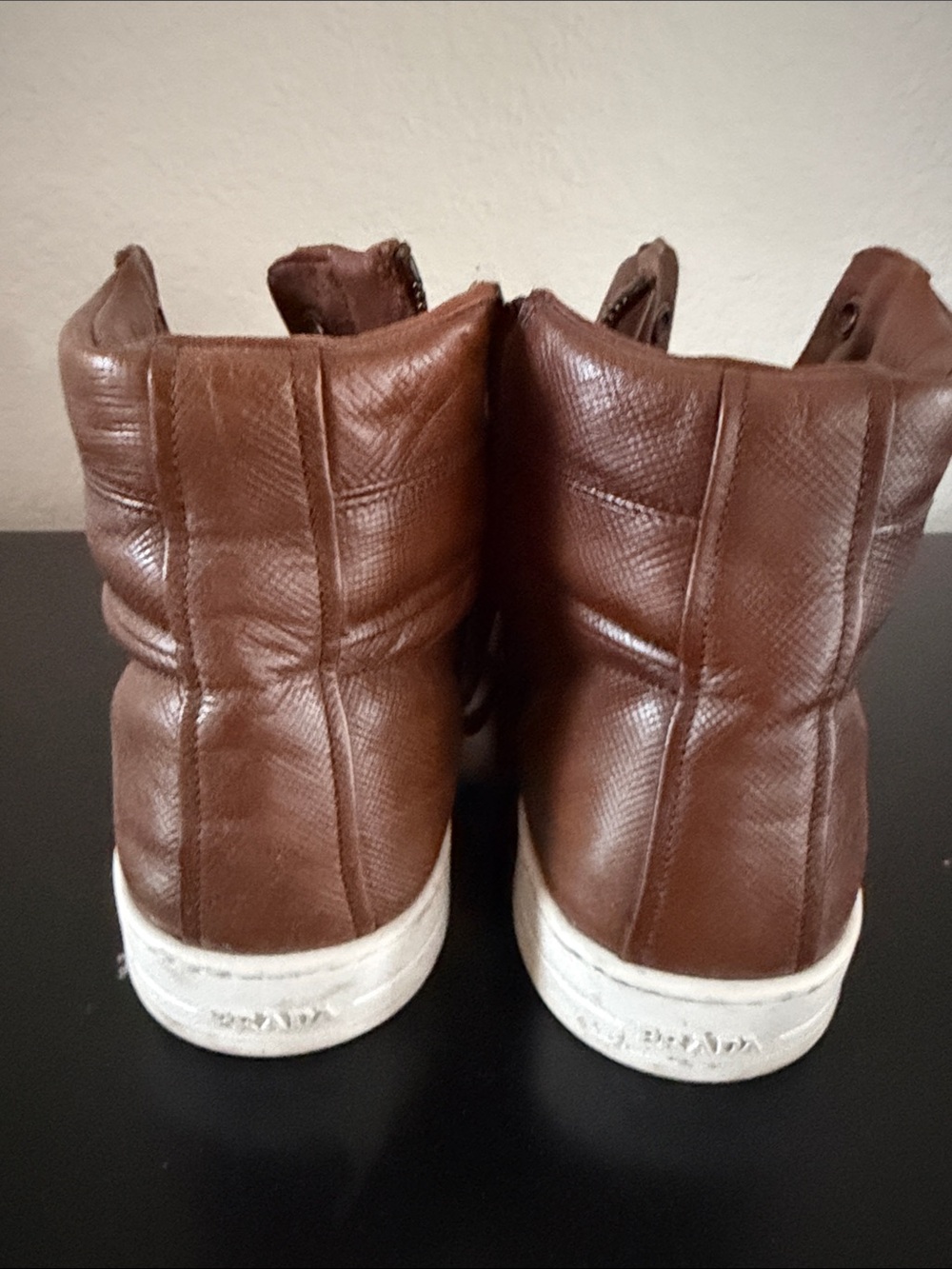 Prada Brown Supple Calfskin Leather High-Top Sneakers - Picture 3 of 3